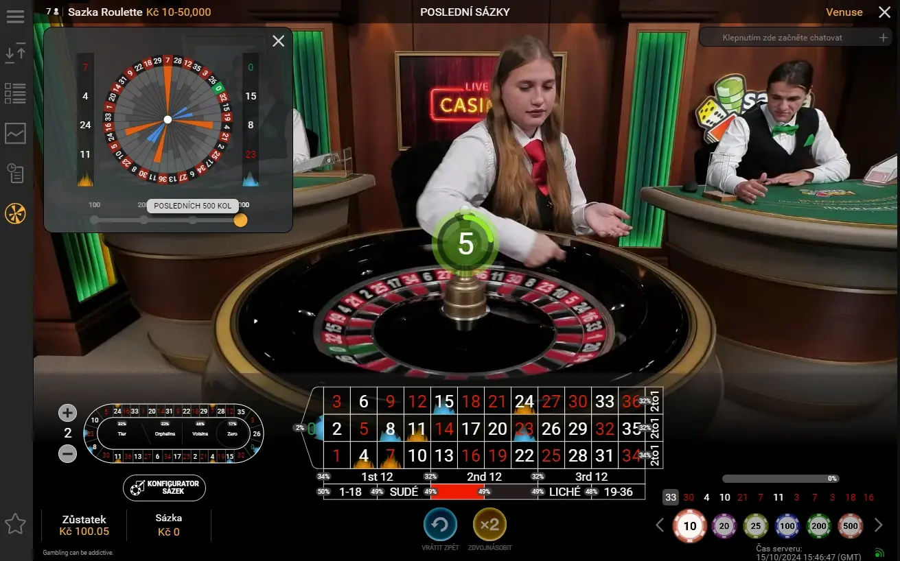 Živá ruleta – aktuální losování s číslem 5 a statistiky předchozích kol v reálném čase Krupiérka v online ruletě během živého losování, číslo 5 a analýza posledních 500 kol